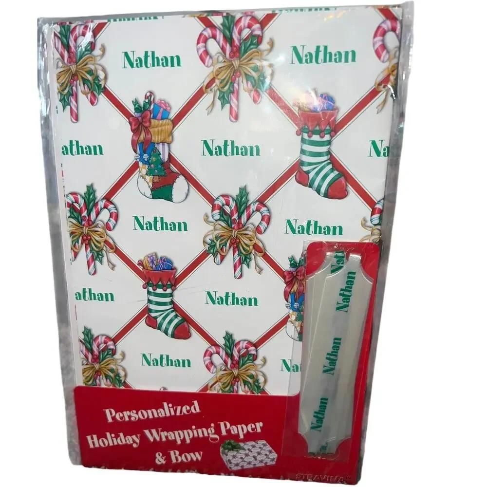 Vintage Holiday Christmas Wrapping Paper & Pull Bow Personalized Nathan NEW